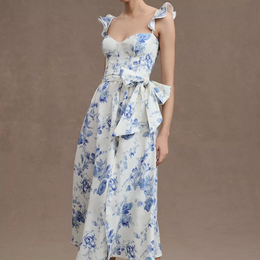 NEW V. Chapman Vera Ruffle-Strap Corset Side-Slit Midi Dress in Blue Floral